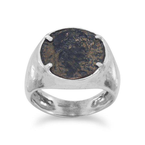Ancient Roman Bronze Coin Mens Ring Hammered Sterling Silver